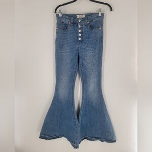 Free People Irreplaceable High Waist Button Wide Flare Jeans 70s Denim Blue 27